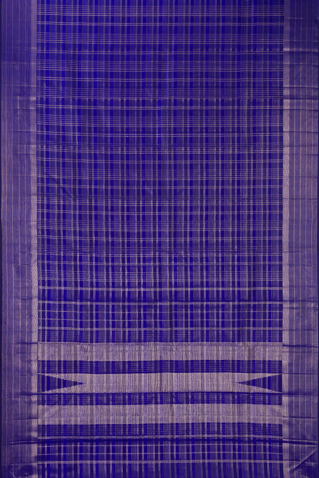Flat view of Pure Silk Royal Blue Kanjivaram Saree with Checked design on the body and Fancy Border. 