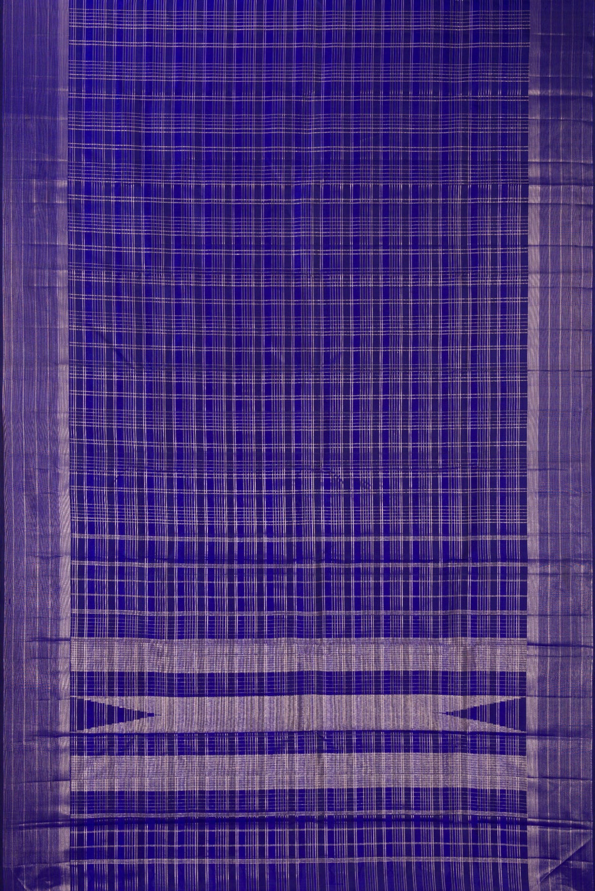 Flat view of Pure Silk Royal Blue Kanjivaram Saree with Checked design on the body and Fancy Border. 