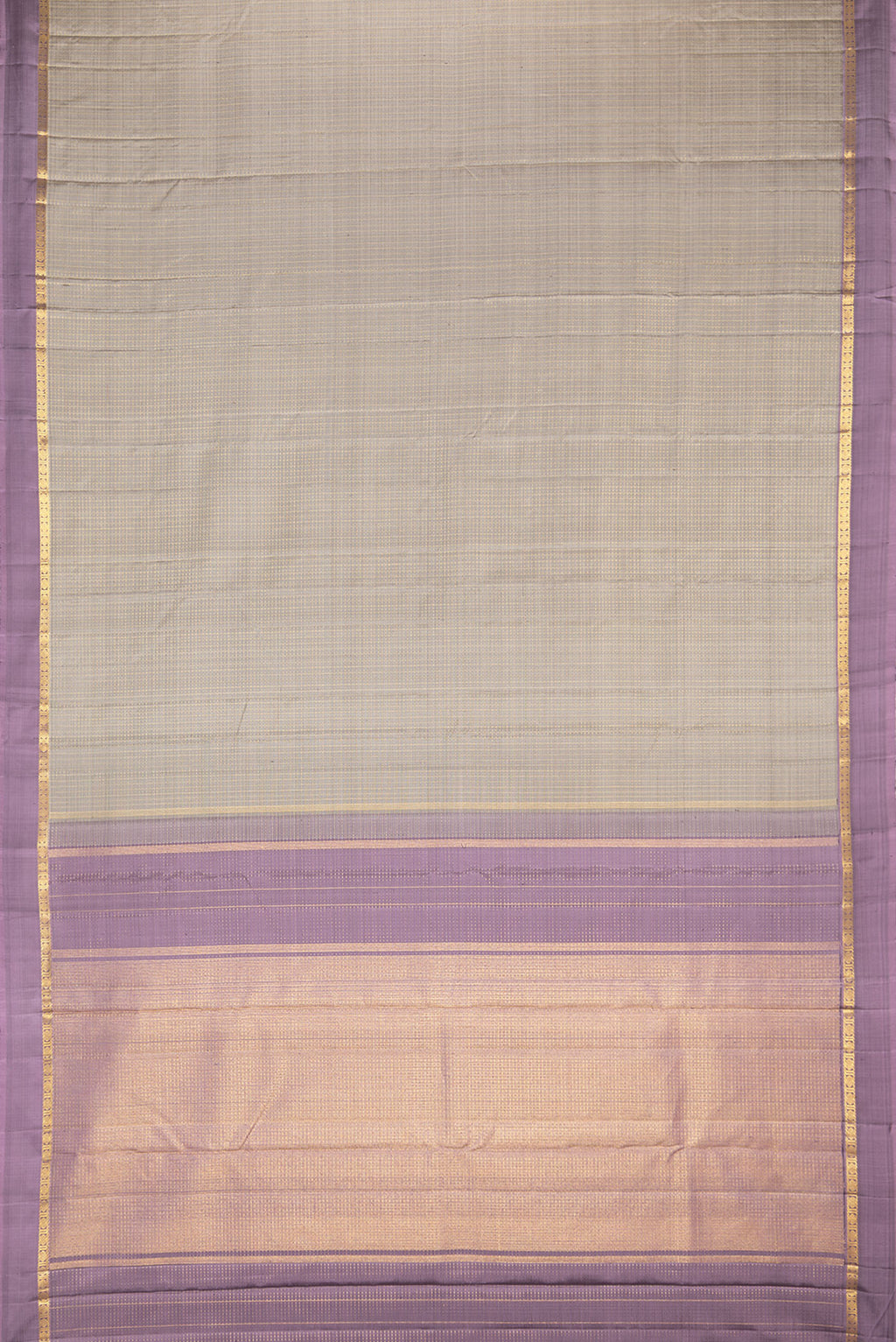 Flat view of Pure Silk Grey Kanjivaram Saree with Checked design on the body and Zari Border. 