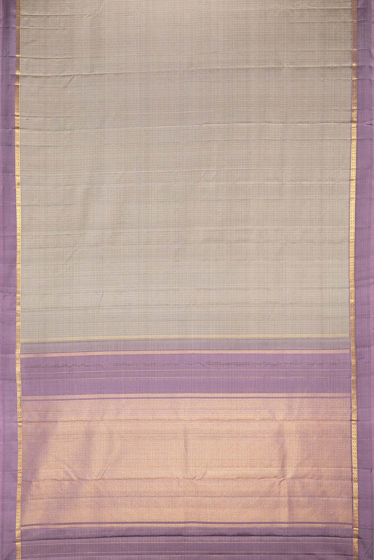 Flat view of Pure Silk Grey Kanjivaram Saree with Checked design on the body and Zari Border. 