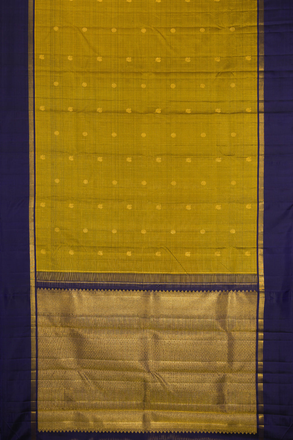 Flat view of Pure Silk Mehandi Green Kanjivaram Saree with Zari Butta on the body and Plain Border. 