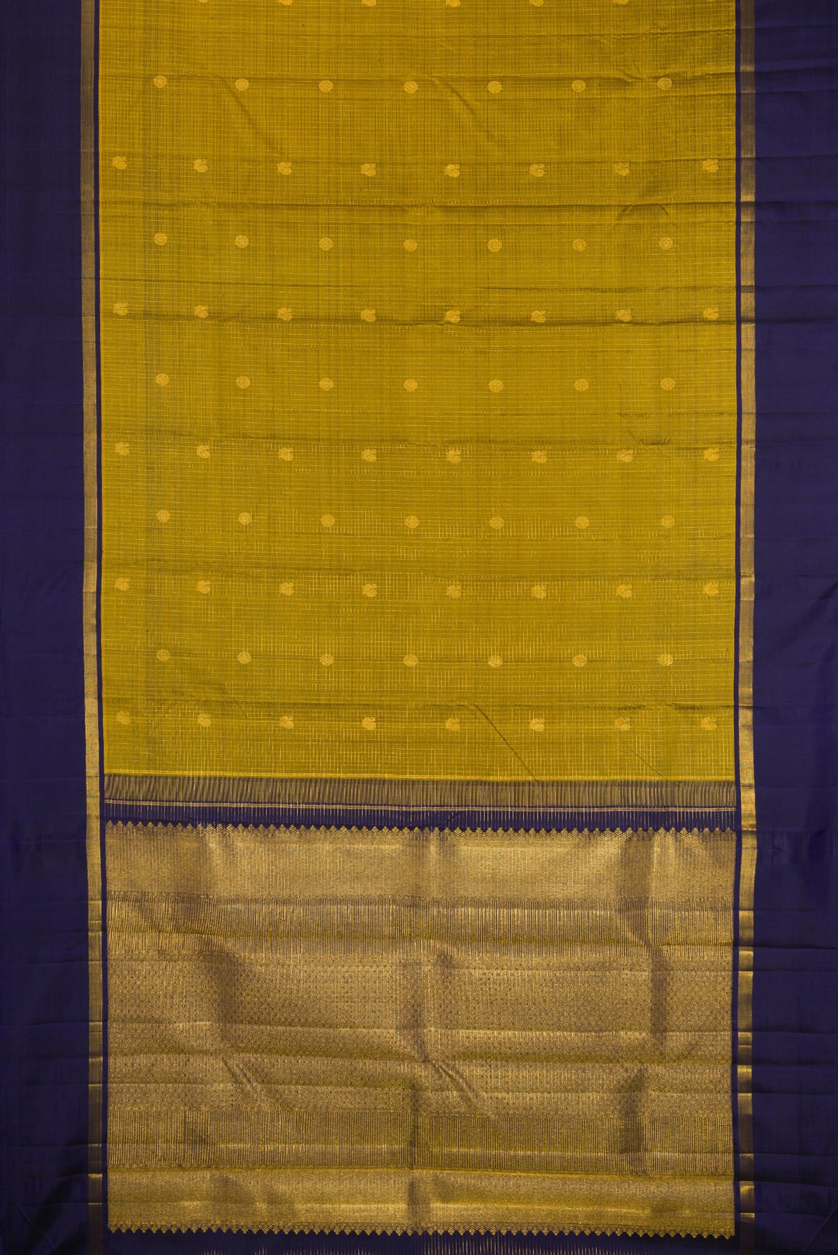 Flat view of Pure Silk Mehandi Green Kanjivaram Saree with Zari Butta on the body and Plain Border. 