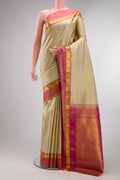 Pure Silk Beige Kanjivaram Saree with Checked design on the body and Zari Border.  displayed on a mannequin