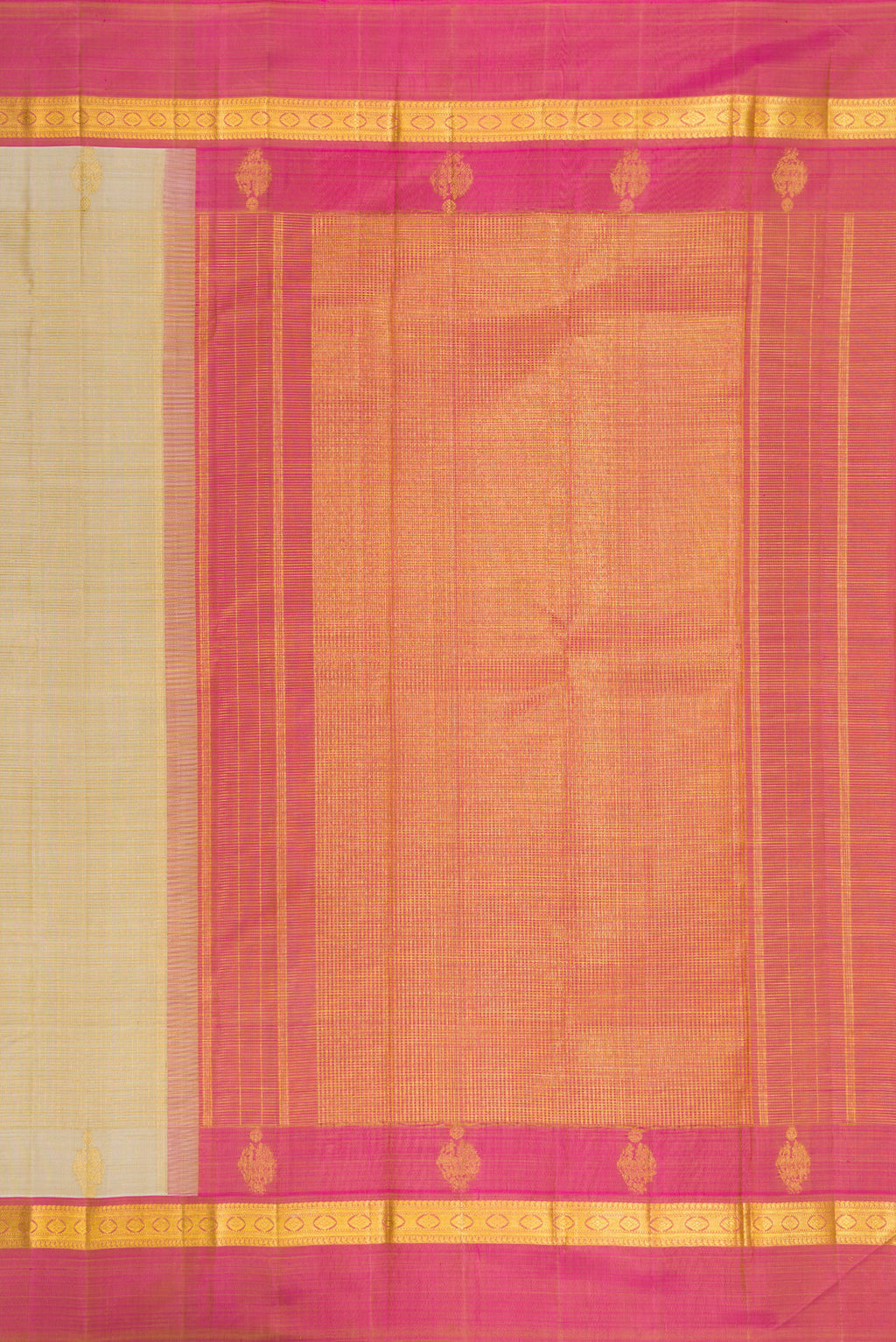 Close up image of the pallu of Pure Silk Beige Kanjivaram Saree with Checked design on the body and Zari Border. 