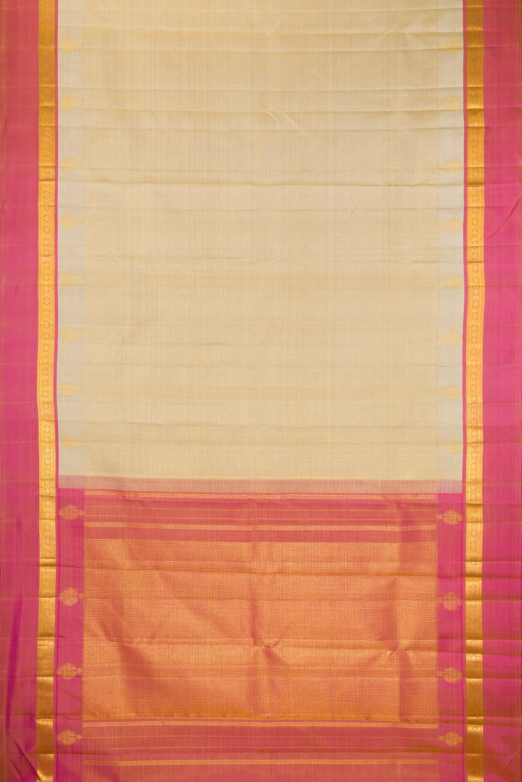 Flat view of Pure Silk Beige Kanjivaram Saree with Checked design on the body and Zari Border. 