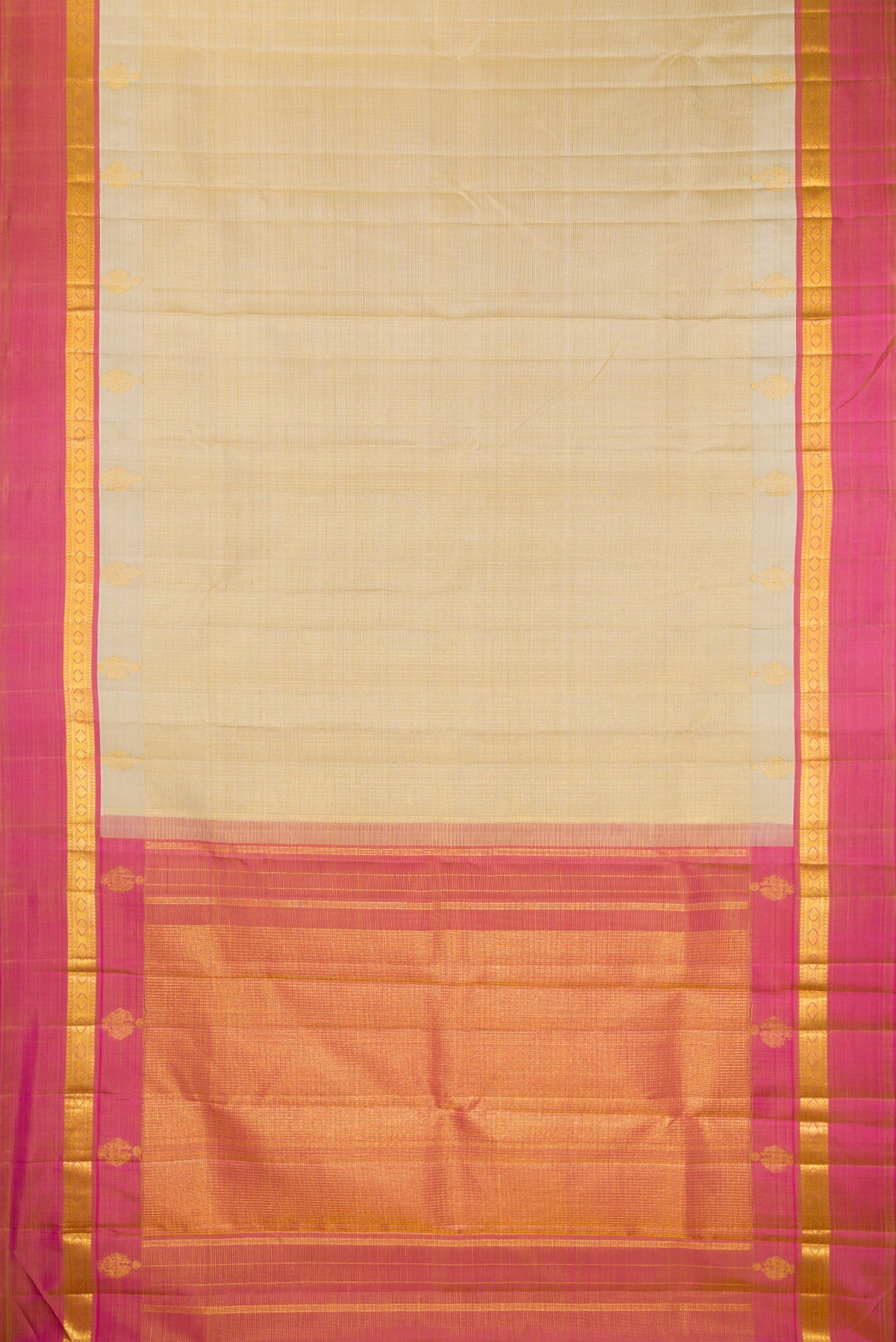 Flat view of Pure Silk Beige Kanjivaram Saree with Checked design on the body and Zari Border. 