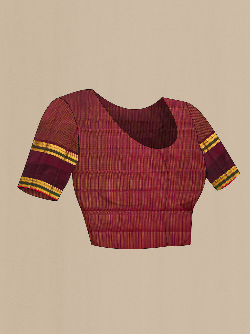Close up image of the blouse of Pure Silk Maroon Kanjivaram Saree with Stripes on the body and Zari Border. 