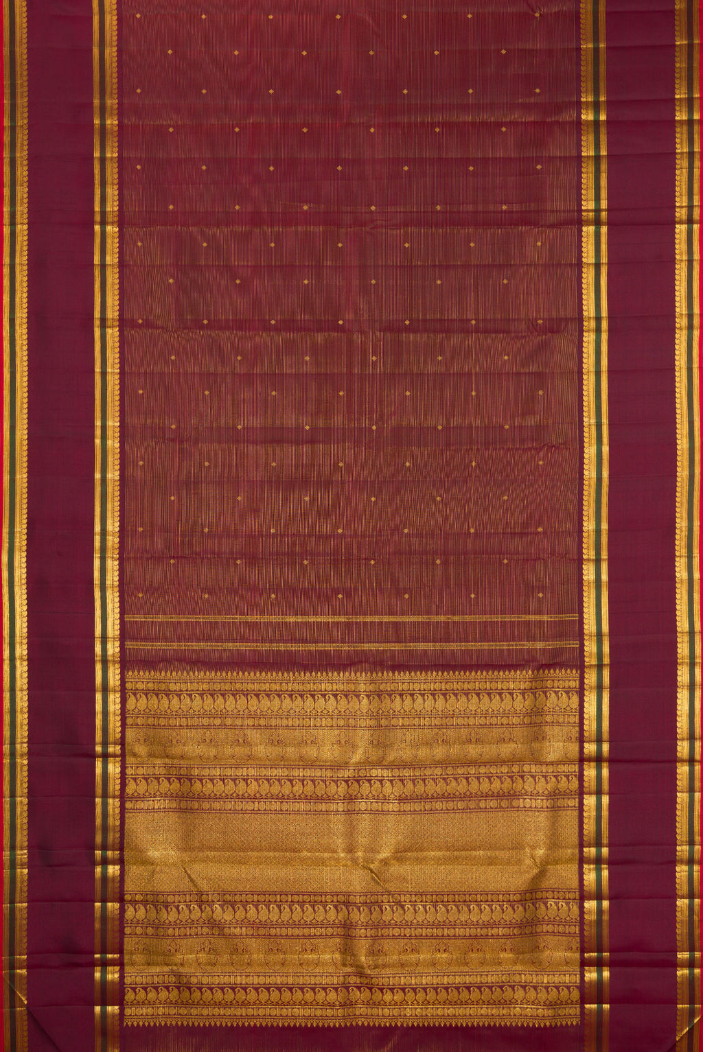 Flat view of Pure Silk Maroon Kanjivaram Saree with Stripes on the body and Zari Border. 