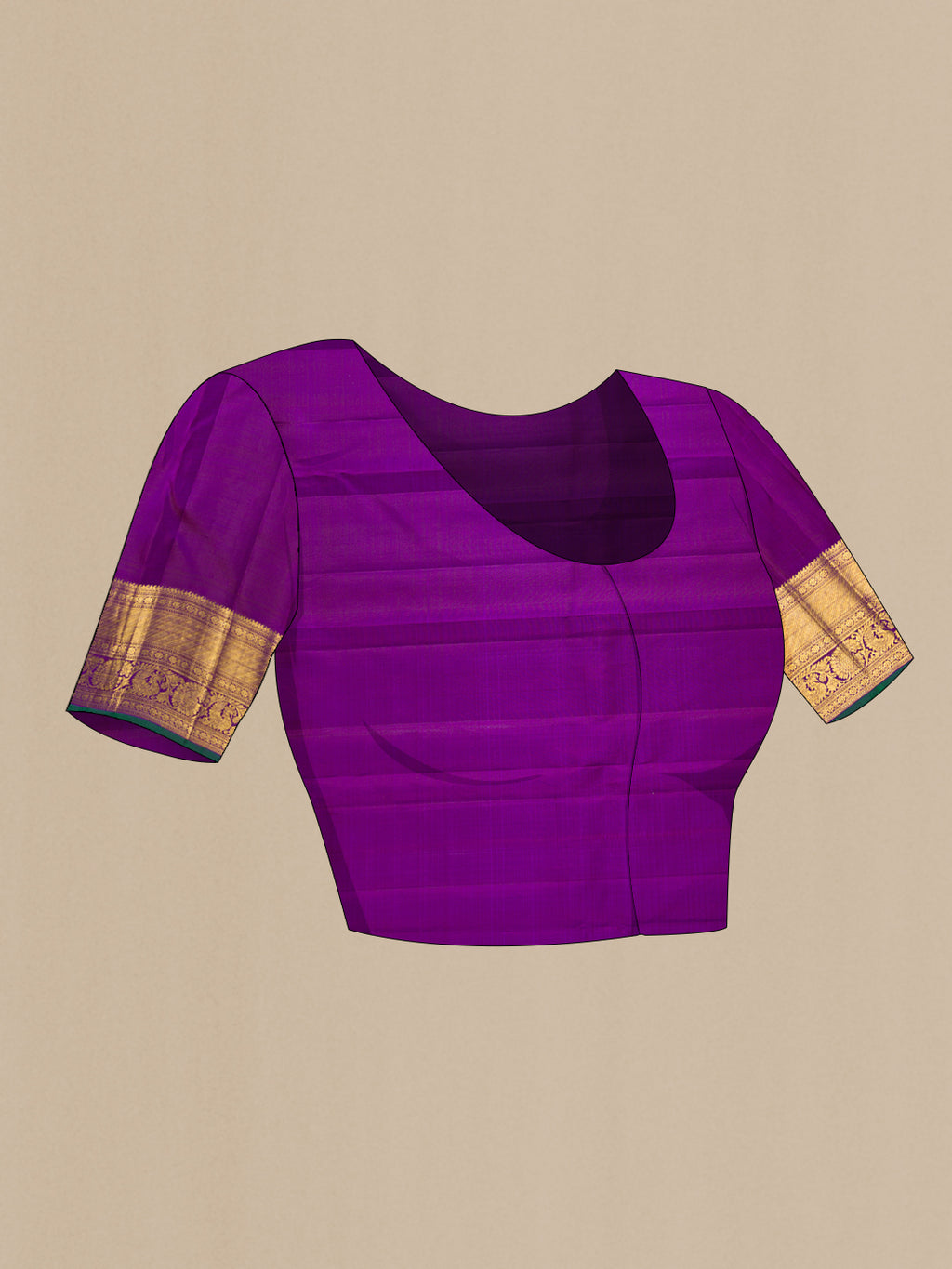 Close up image of the blouse of Pure Silk Purple Kanjivaram Saree with Zari Butta on the body and Zari Border. 