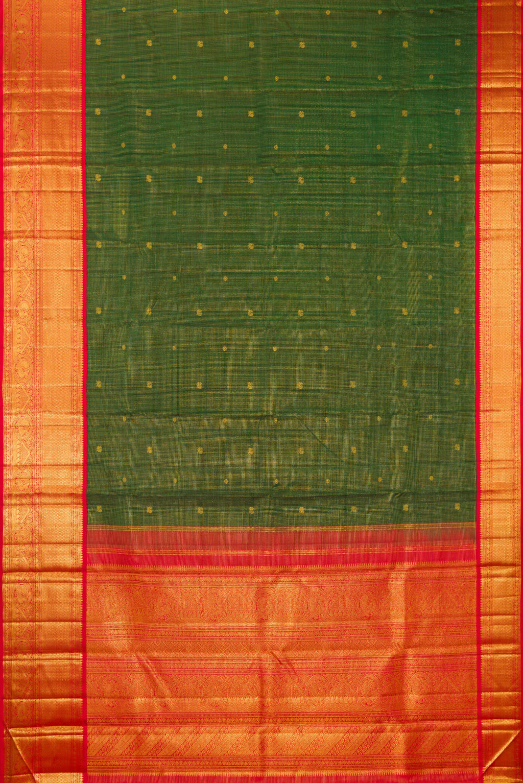 Flat view of Pure Silk Bottle Green Kanchipuram Saree with Checked design on the body and Zari Border. 