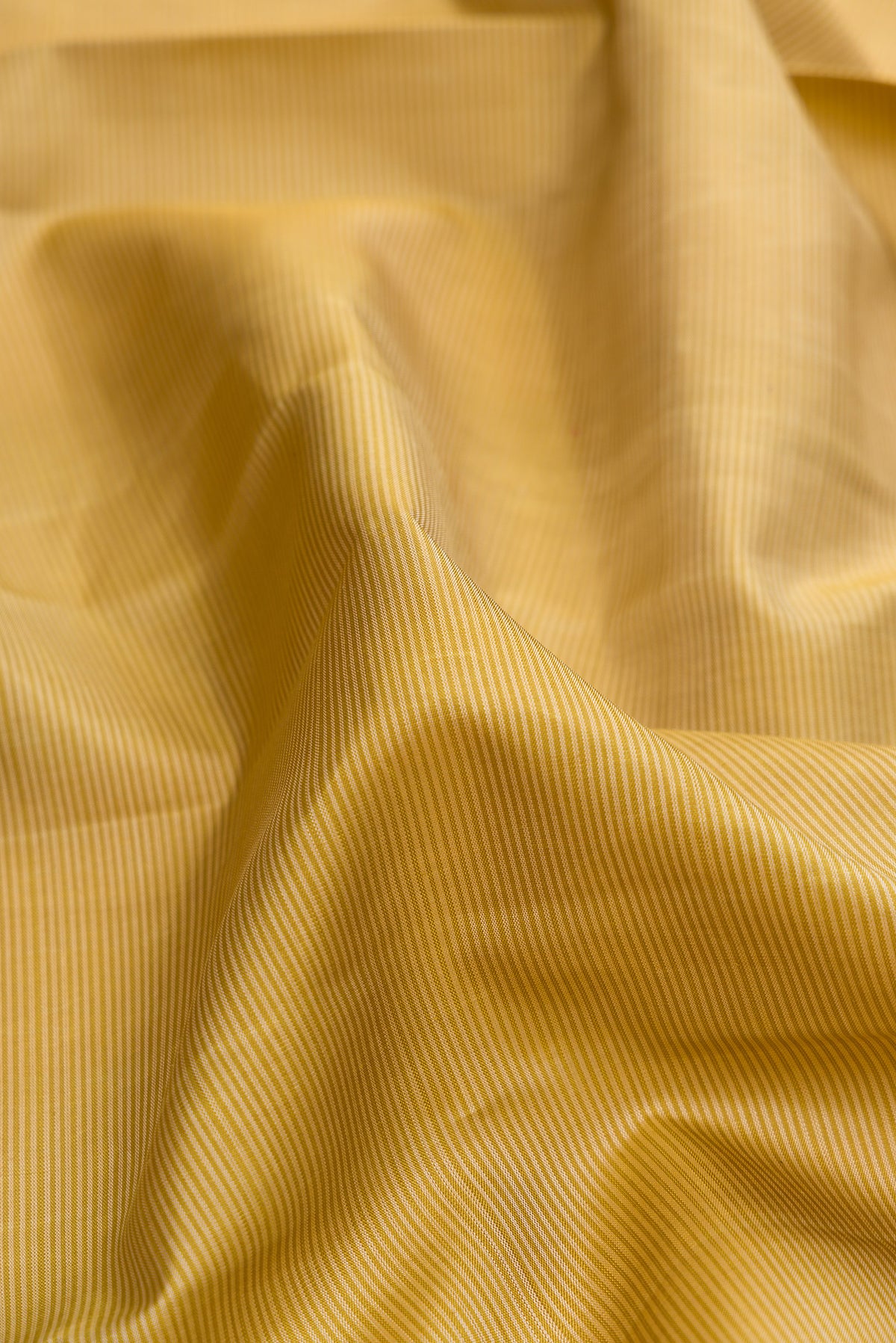 Close up of Pure Silk Gold Kanjivaram Saree with Stripes on the body and Checks Border.  displaying folds