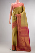 Pure Silk Gold Kanjivaram Saree with Stripes on the body and Checks Border.  displayed on a mannequin