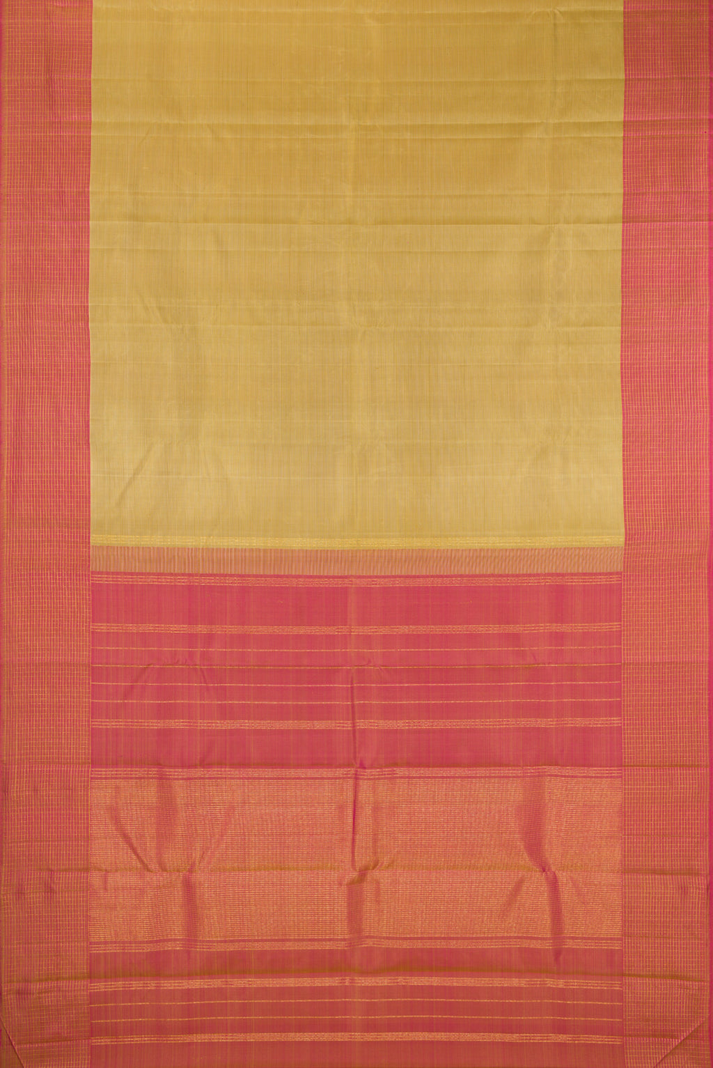 Flat view of Pure Silk Gold Kanjivaram Saree with Stripes on the body and Checks Border. 