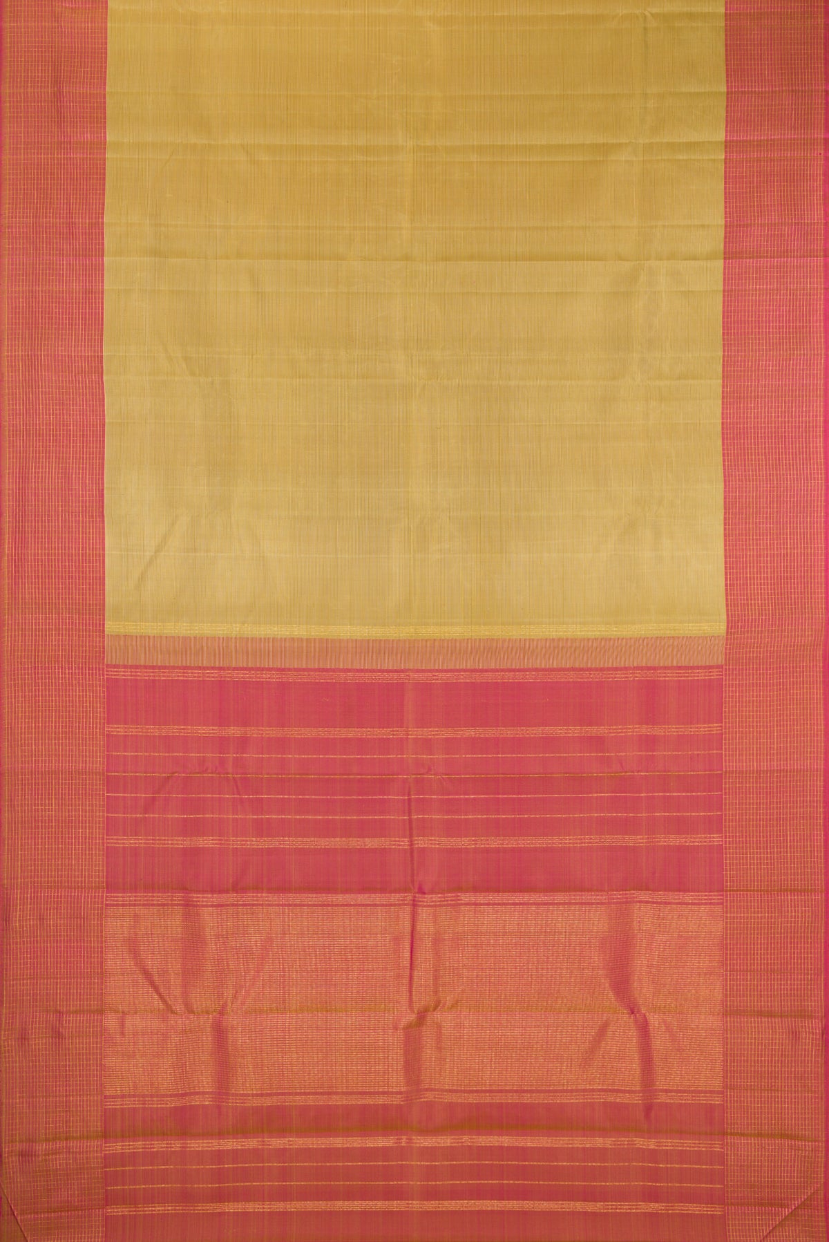 Flat view of Pure Silk Gold Kanjivaram Saree with Stripes on the body and Checks Border. 