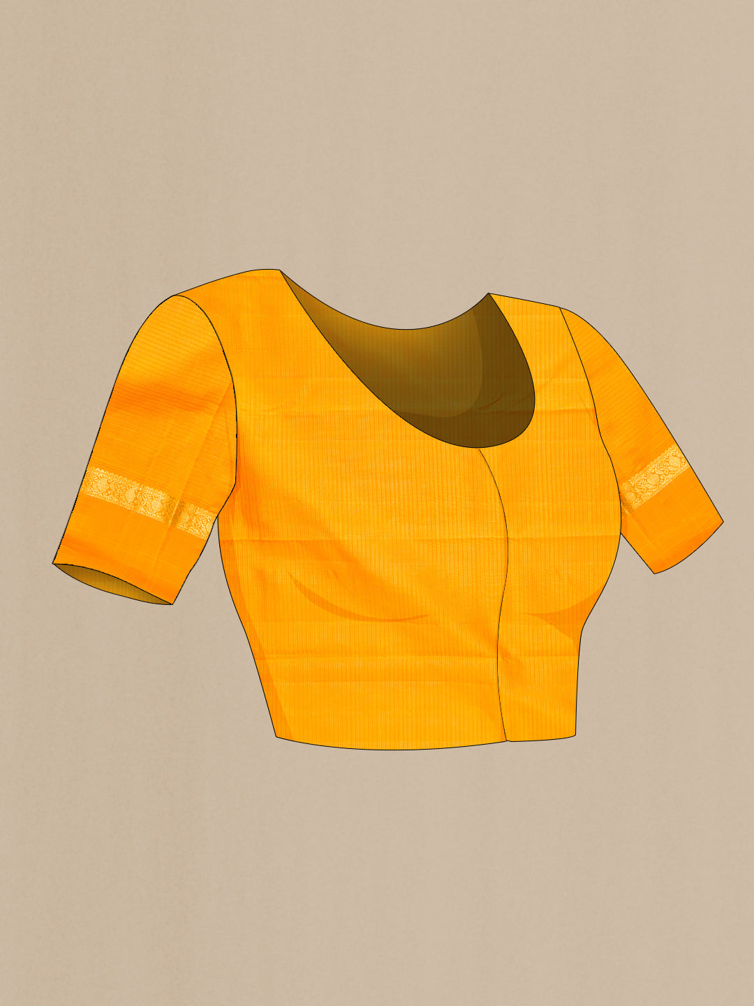 Close up image of the blouse of Pure Silk Mustard Kanjivaram Saree with Checked design on the body and Zari Border. 
