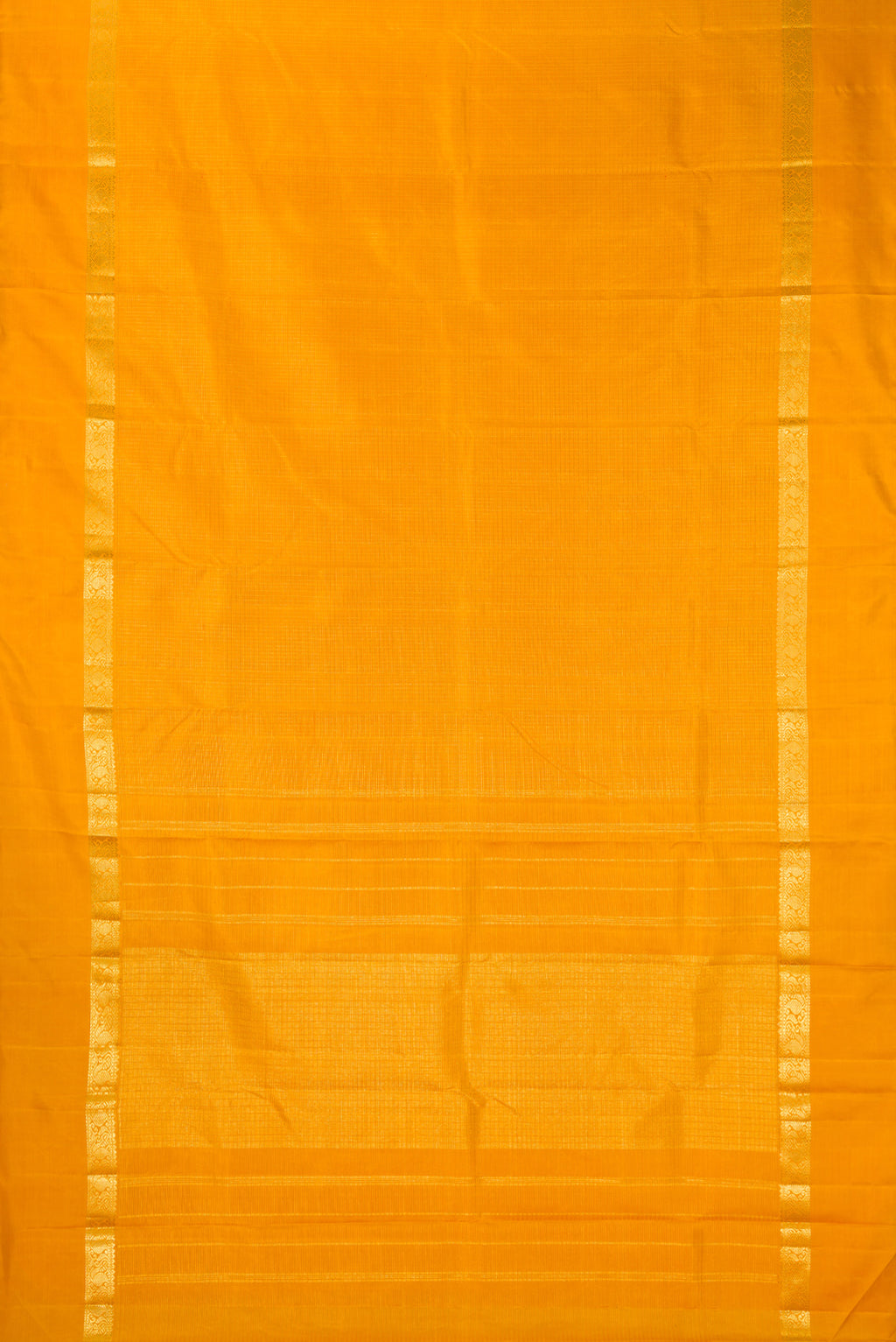 Flat view of Pure Silk Mustard Kanjivaram Saree with Checked design on the body and Zari Border. 