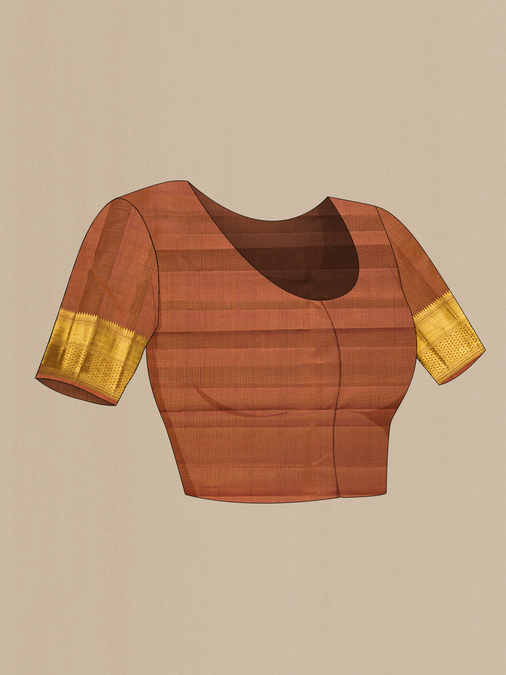 Close up image of the blouse of Pure Silk Brown Kanchipuram Saree with Zari Butta on the body and Zari Border. 