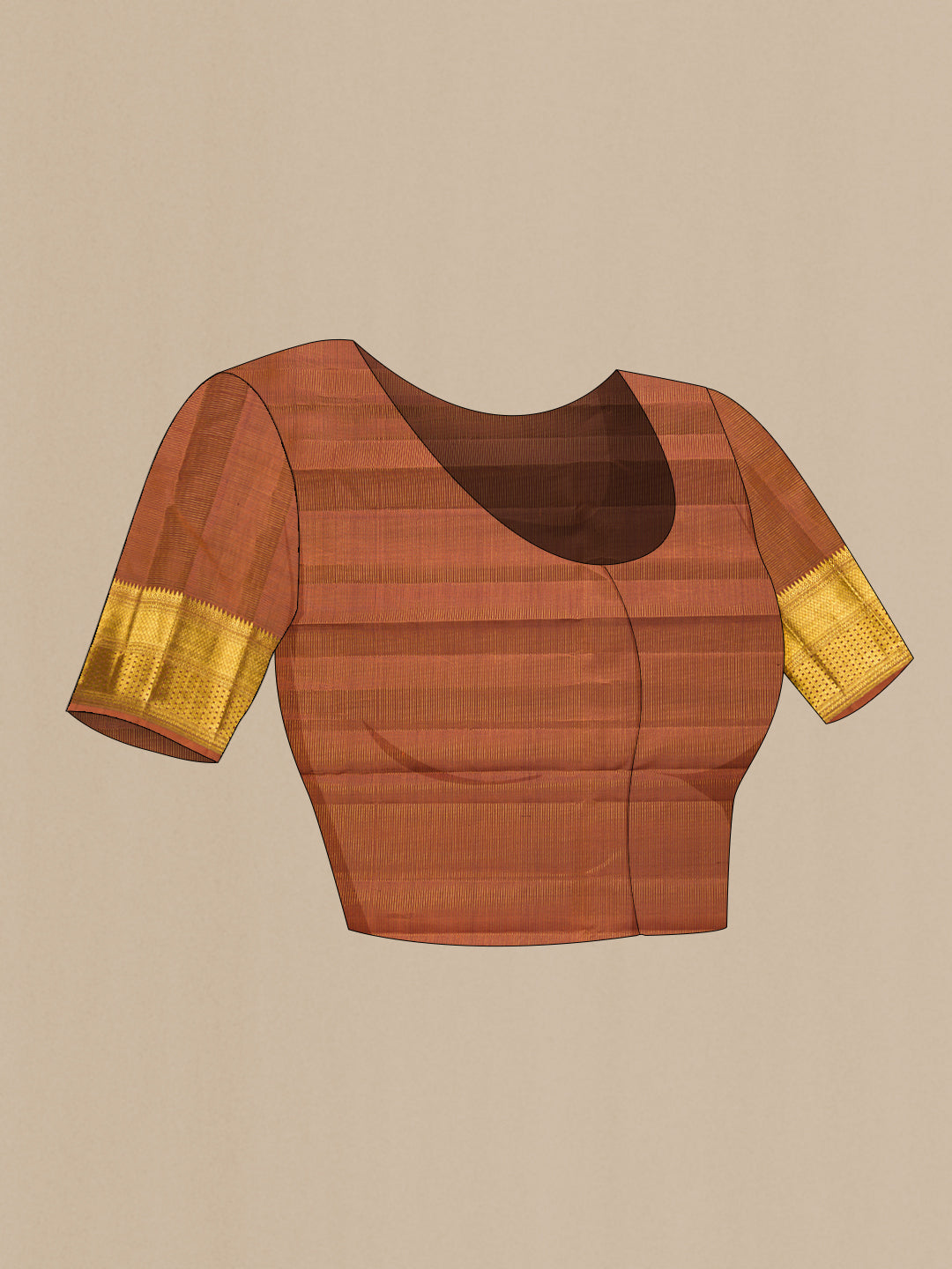 Close up image of the blouse of Pure Silk Brown Kanchipuram Saree with Zari Butta on the body and Zari Border. 
