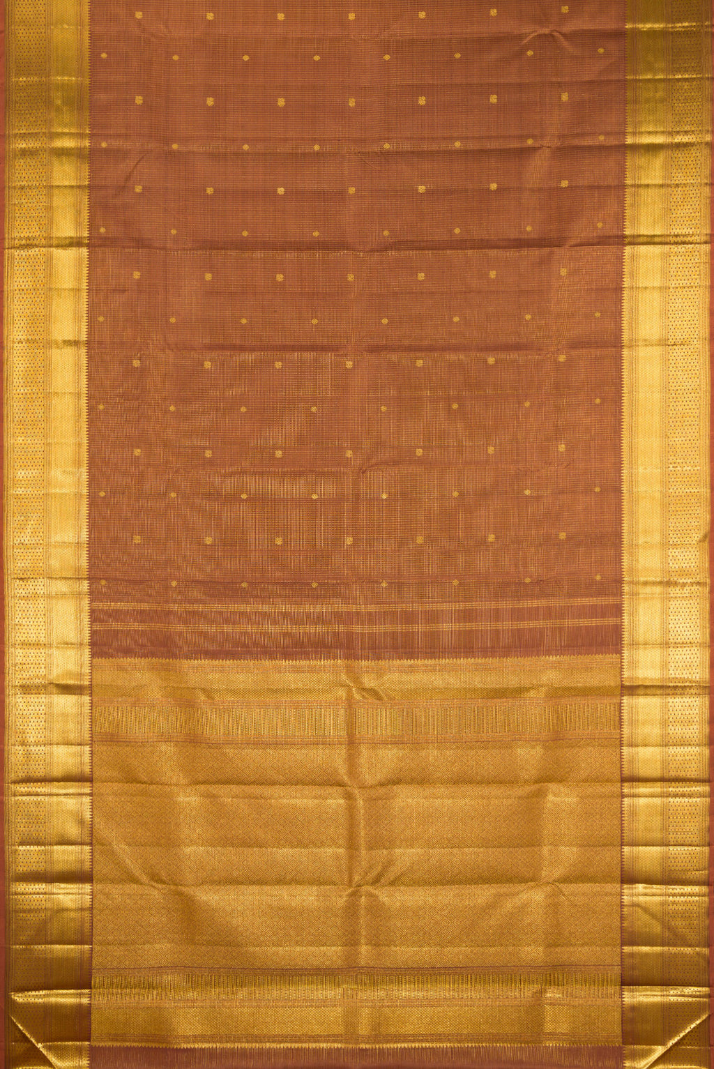 Flat view of Pure Silk Brown Kanchipuram Saree with Zari Butta on the body and Zari Border. 