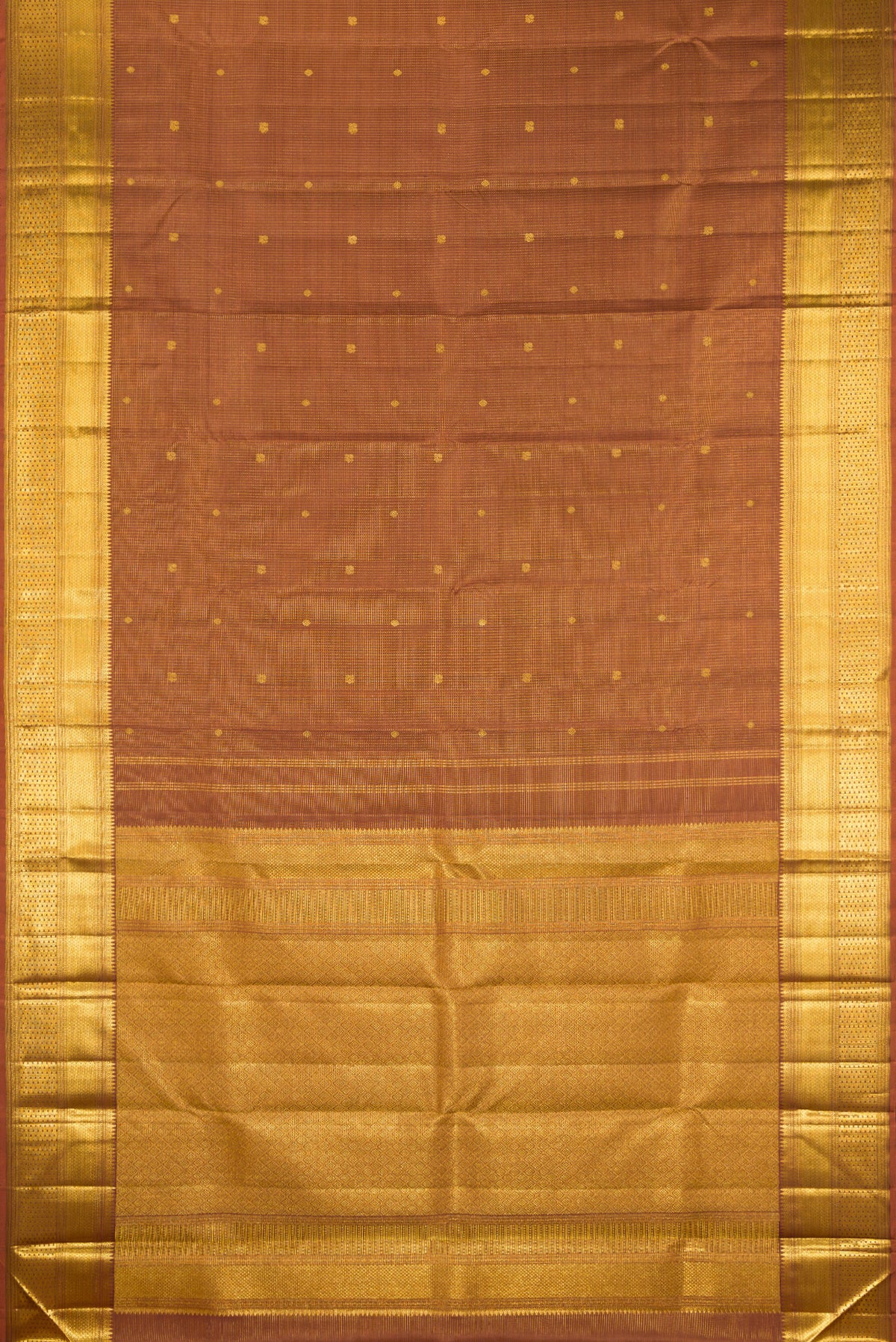 Flat view of Pure Silk Brown Kanchipuram Saree with Zari Butta on the body and Zari Border. 