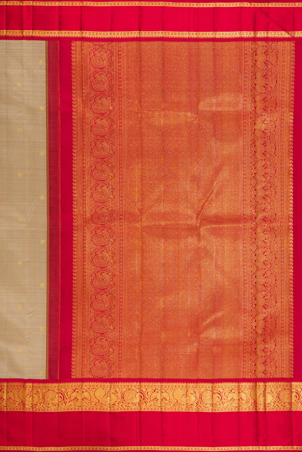 Close up image of the pallu of Pure Silk Dark Beige Kanchipuram Saree with Zari Butta on the body and Zari And Thread Border. 