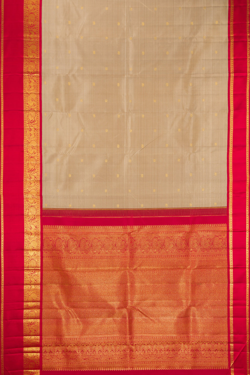 Flat view of Pure Silk Dark Beige Kanchipuram Saree with Zari Butta on the body and Zari And Thread Border. 