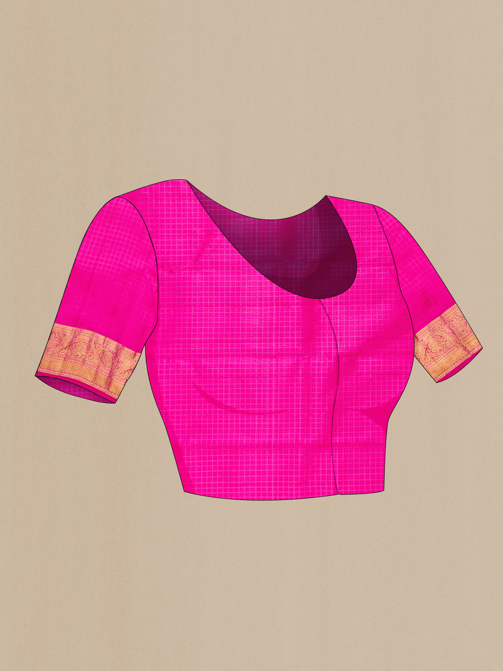 Close up image of the blouse of Pure Silk Pink Kanchipuram Saree with Jacquard With Zari Butta on the body and Zari Border. 