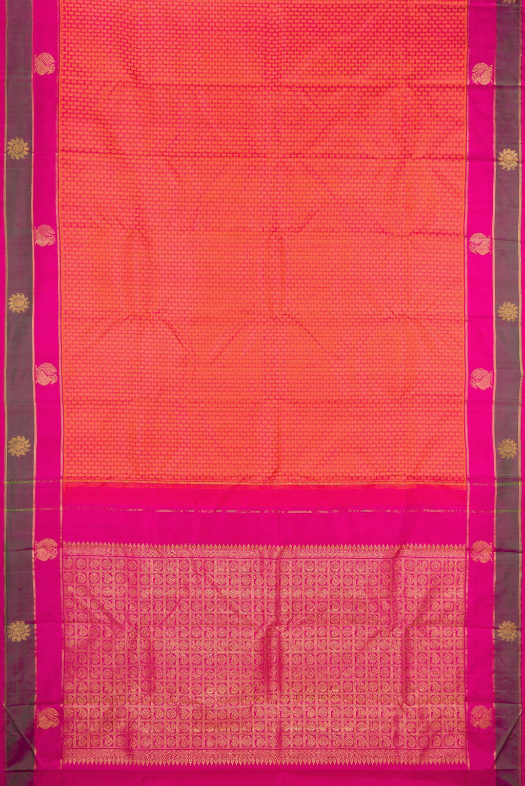 Flat view of Pure Silk Orange Dual Tone Kanjivaram Saree with Jacquard design on the body and Fancy Border. 