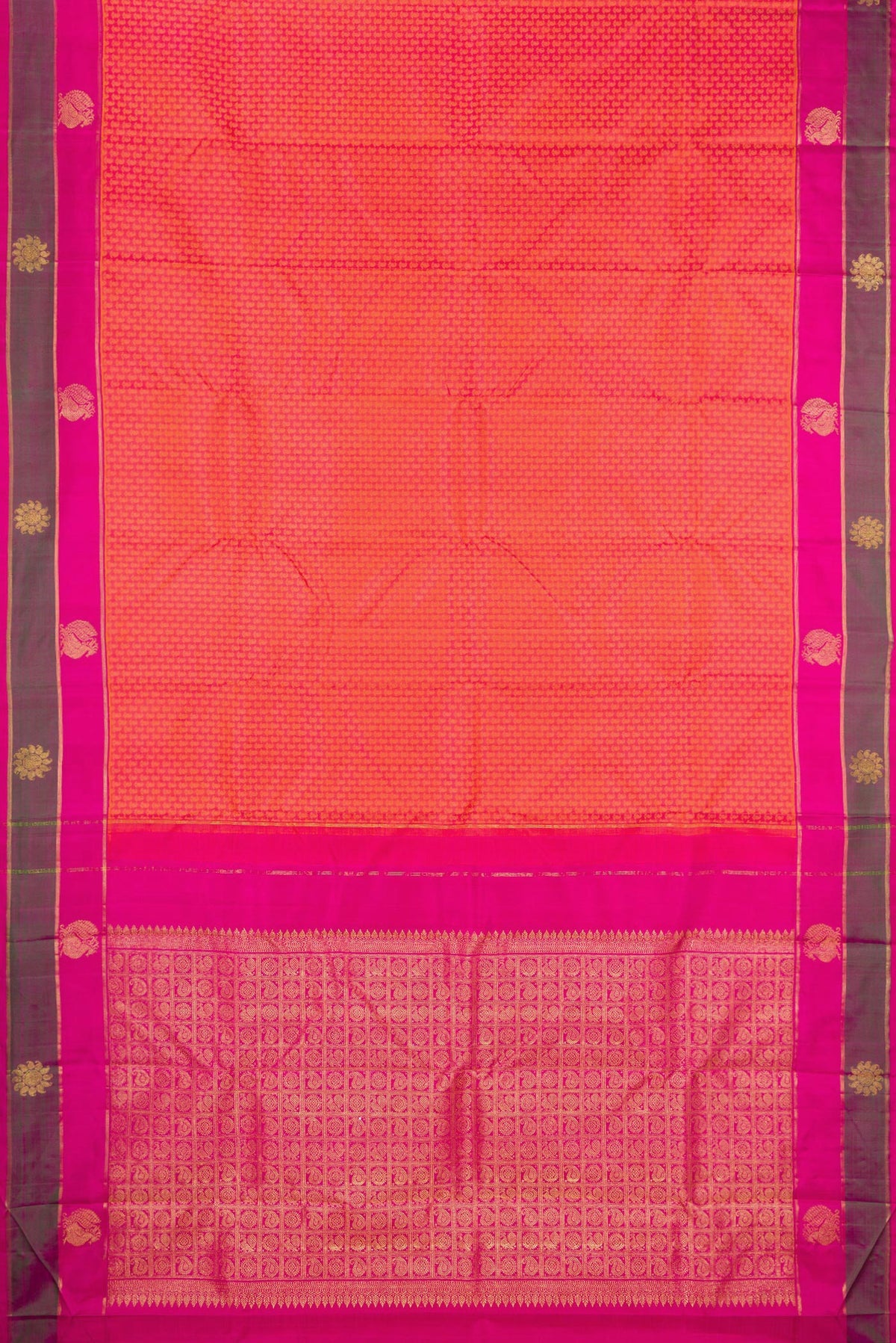Flat view of Pure Silk Orange Dual Tone Kanjivaram Saree with Jacquard design on the body and Fancy Border. 