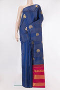 Pure Silk Navy Blue Kanjivaram Saree with Stripes on the body and Without Border.  displayed on a mannequin