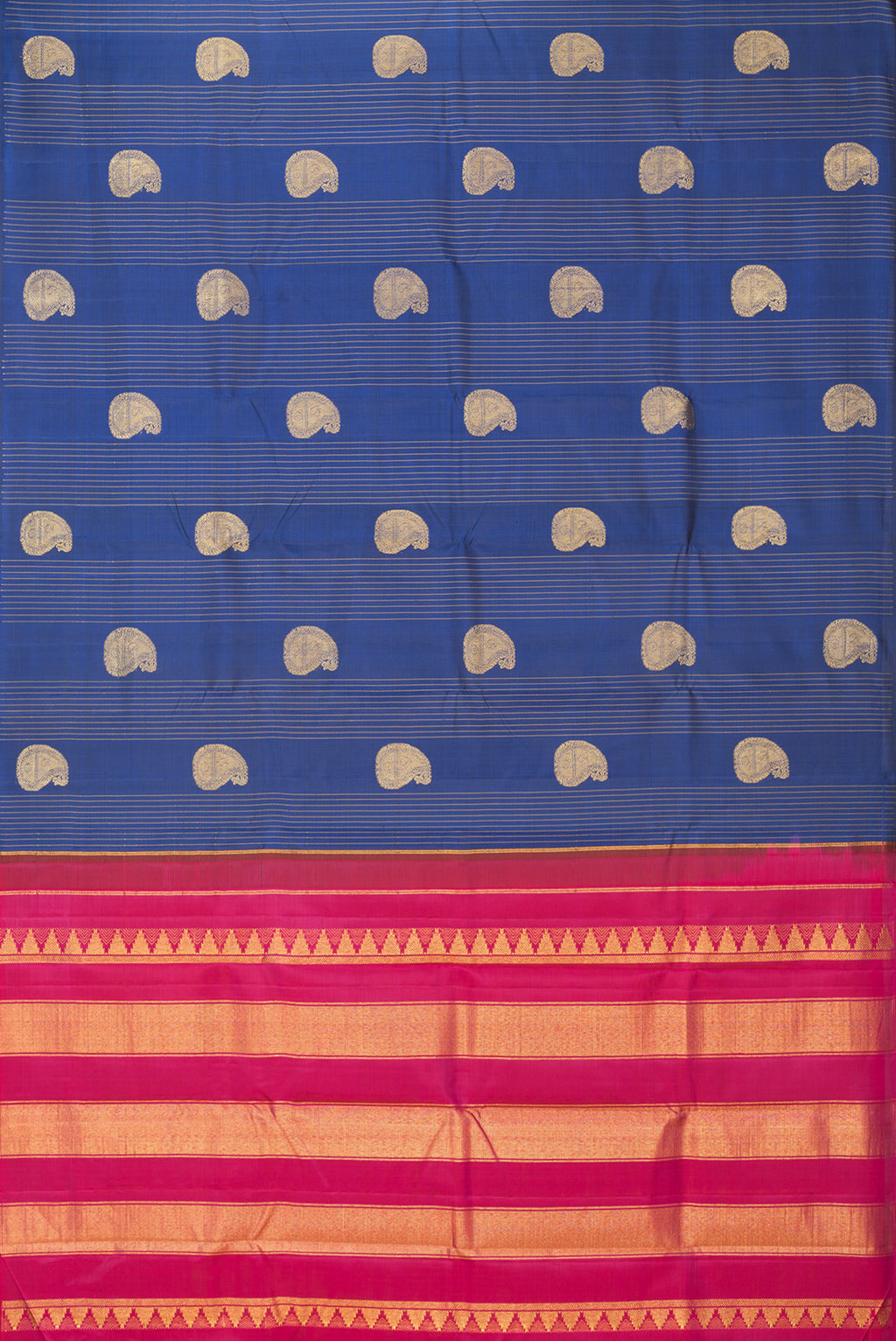Flat view of Pure Silk Navy Blue Kanjivaram Saree with Stripes on the body and Without Border. 