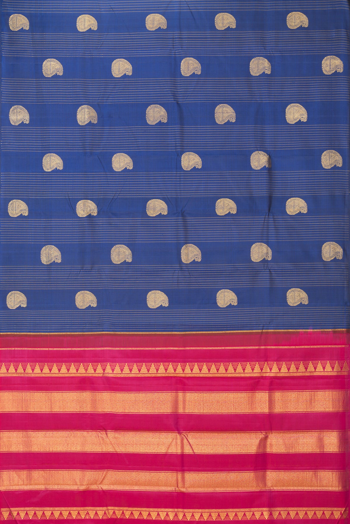 Flat view of Pure Silk Navy Blue Kanjivaram Saree with Stripes on the body and Without Border. 