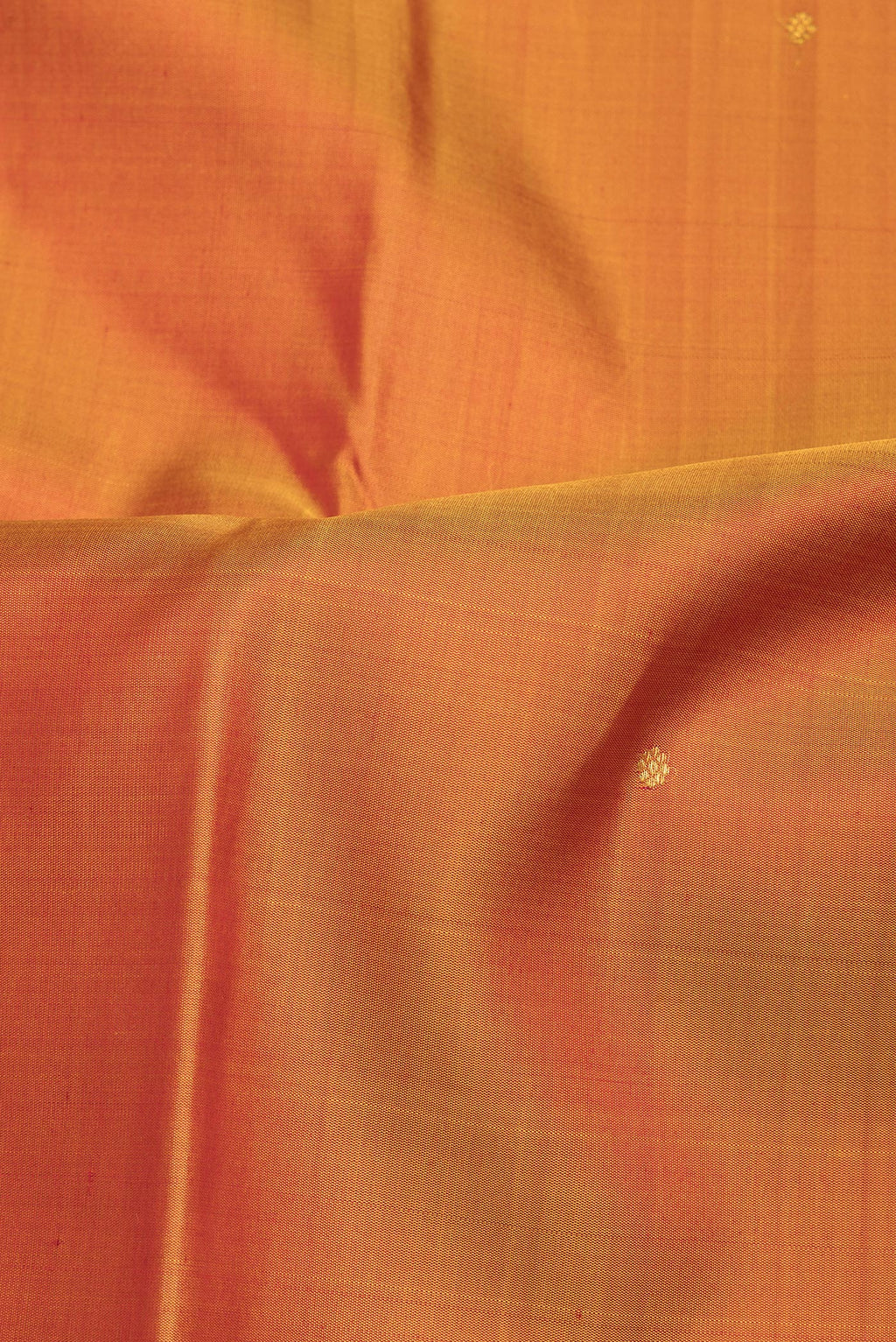 Close up of Pure Silk Mustard Dual Tone Kanjivaram Saree with Zari Butta on the body and Zari Border.  displaying folds