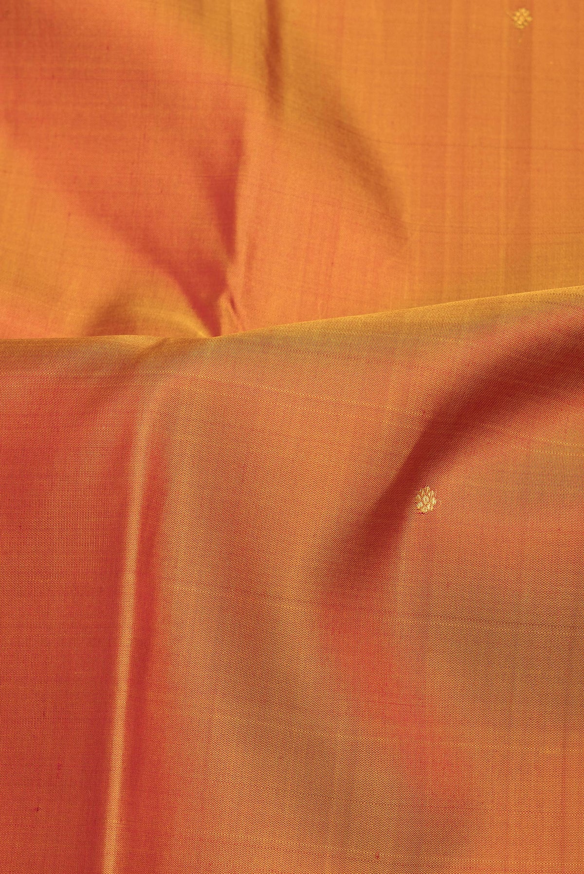 Close up of Pure Silk Mustard Dual Tone Kanjivaram Saree with Zari Butta on the body and Zari Border.  displaying folds