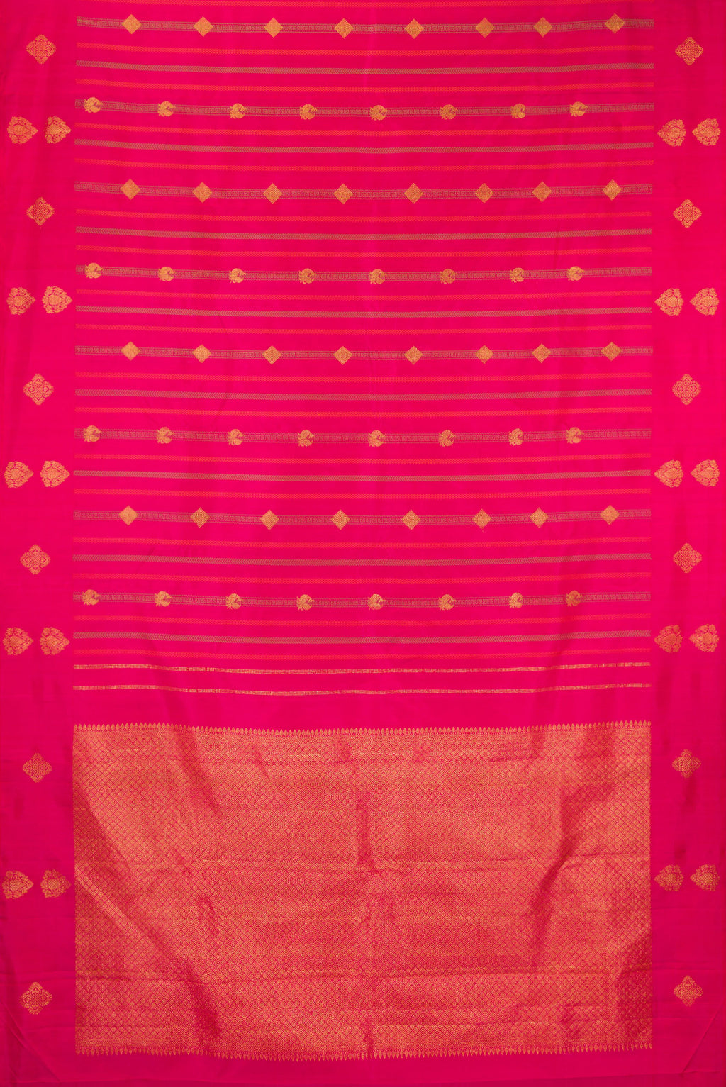 Flat view of Pure Silk Dark Pink Dual Tone Kanjivaram Saree with Stripes on the body and Without Border. 