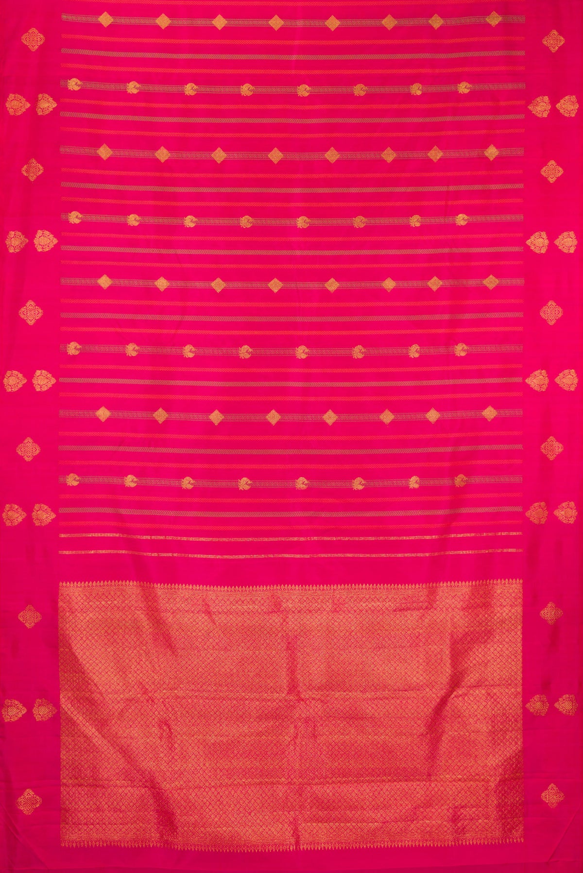 Flat view of Pure Silk Dark Pink Dual Tone Kanjivaram Saree with Stripes on the body and Without Border. 