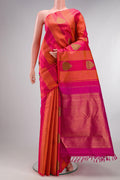 Pure Silk Pink Dual Tone Kanjivaram Saree with Jacquard With Zari Butta on the body and Without Border.  displayed on a mannequin