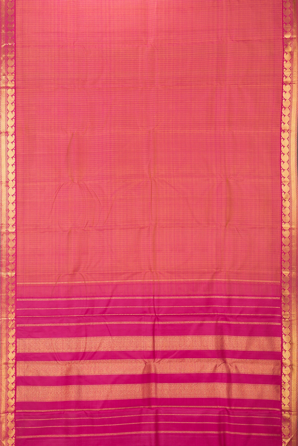 Flat view of Pure Silk Pink Dual Tone Kanchipuram Saree with Checked design on the body and Zari Border. 