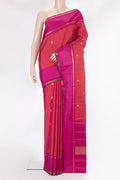 Pure Silk Coral Dual Tone Kanjivaram Saree with Checked design on the body and Zari Border.  displayed on a mannequin