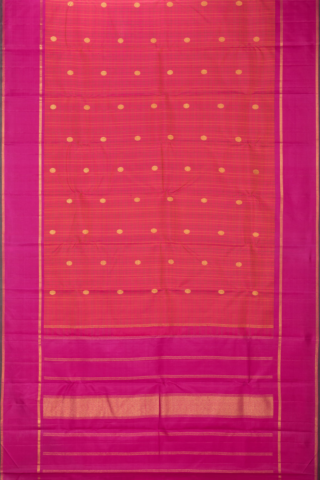 Flat view of Pure Silk Coral Dual Tone Kanjivaram Saree with Checked design on the body and Zari Border. 