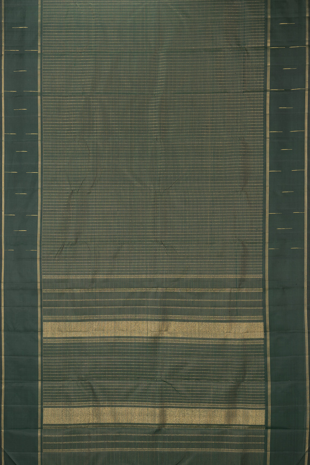 Flat view of Pure Silk Bottle Green Dual Tone Kanchipuram Saree with Checked design on the body and Zari Border. 
