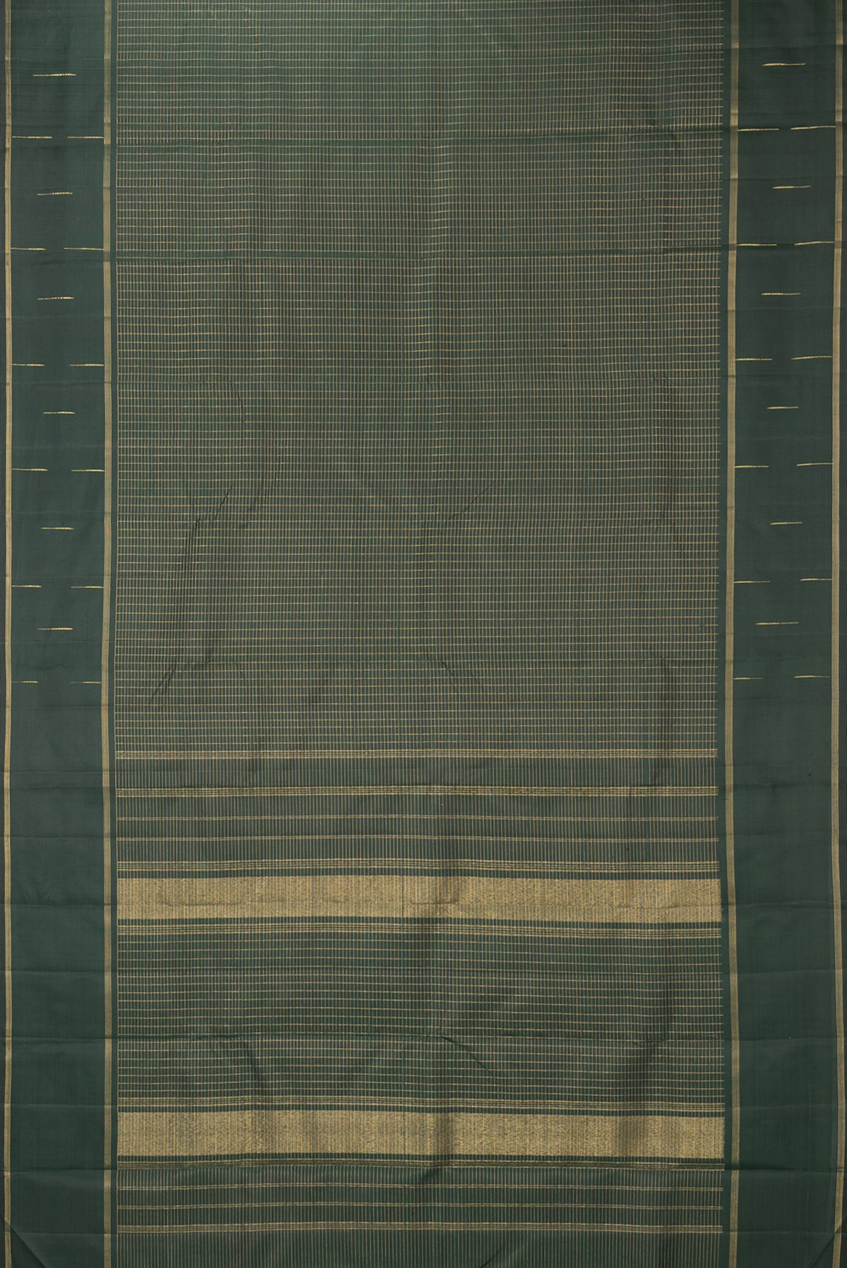 Flat view of Pure Silk Bottle Green Dual Tone Kanchipuram Saree with Checked design on the body and Zari Border. 