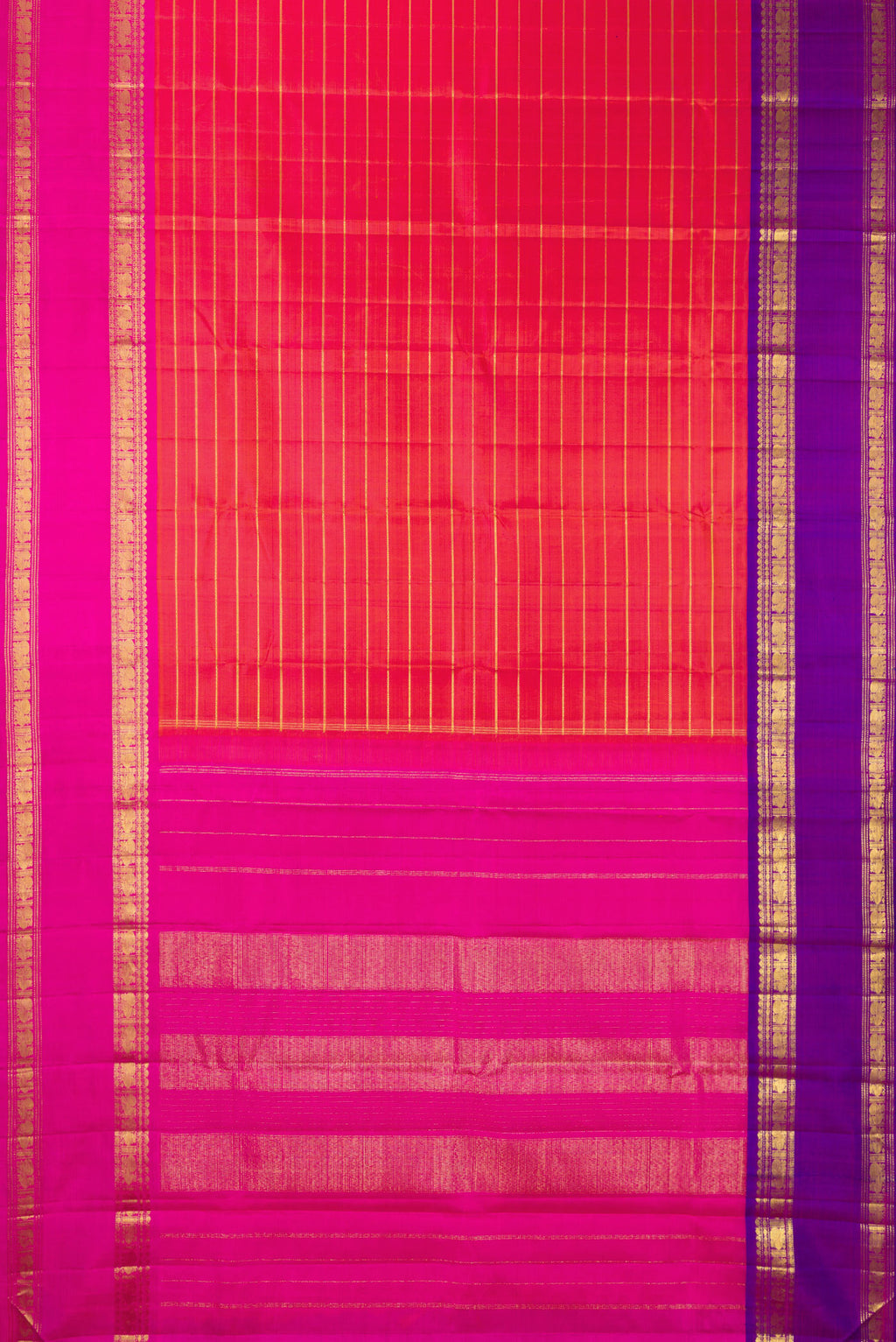 Flat view of Pure Silk Coral Dual Tone Kanjivaram Saree with Veldhari on the body and Ganga Jamuna Border. 