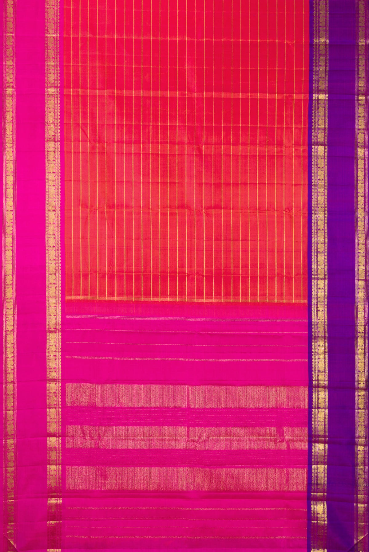Flat view of Pure Silk Coral Dual Tone Kanjivaram Saree with Veldhari on the body and Ganga Jamuna Border. 