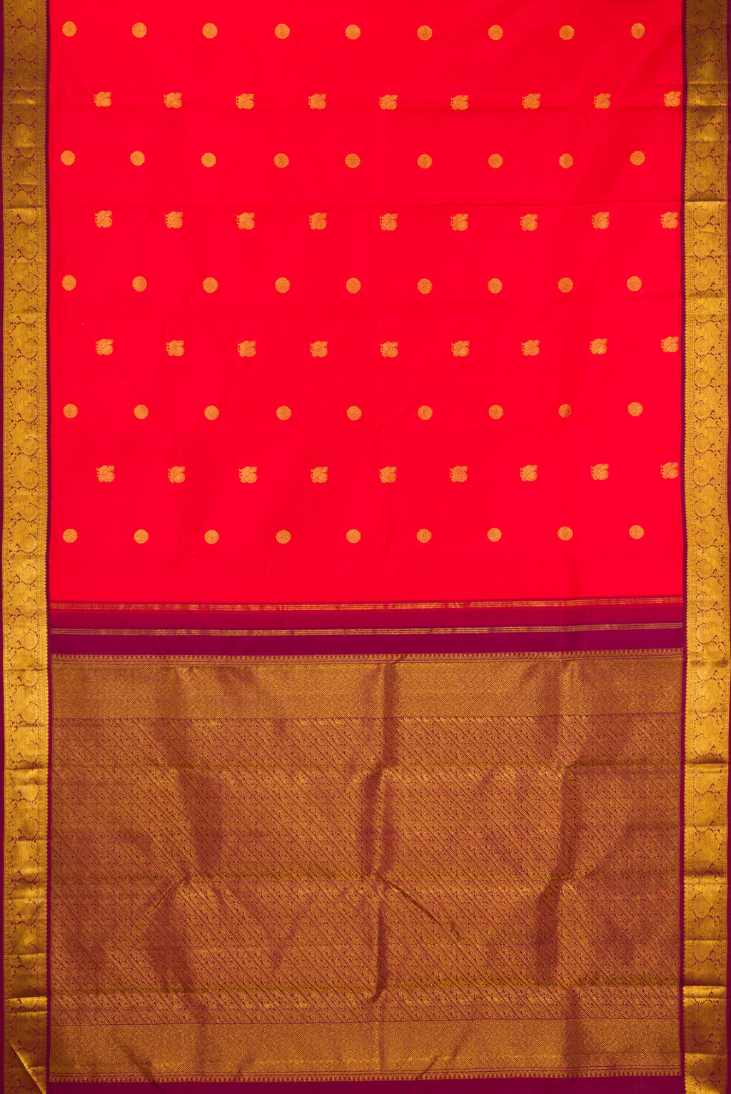 Flat view of Pure Silk Red Kanjivaram Saree with Zari Butta on the body and Zari Border. 