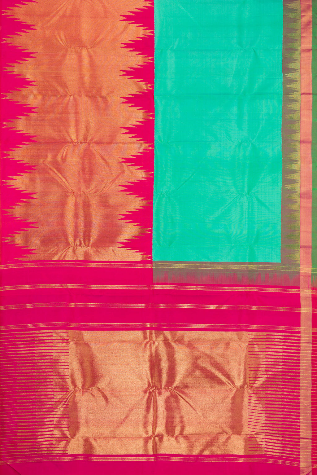 Flat view of Pure Silk Pure Zari Sea Green Dual Tone Kanjivaram Saree with Half And Half on the body and Zari And Thread Border. 