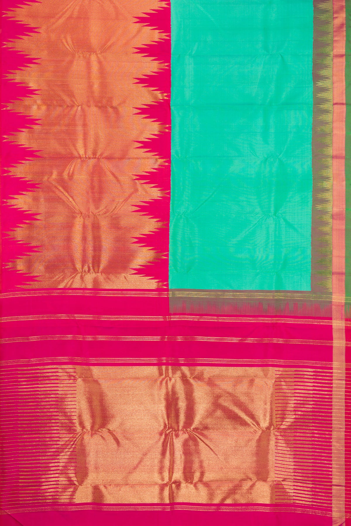 Flat view of Pure Silk Pure Zari Sea Green Dual Tone Kanjivaram Saree with Half And Half on the body and Zari And Thread Border. 
