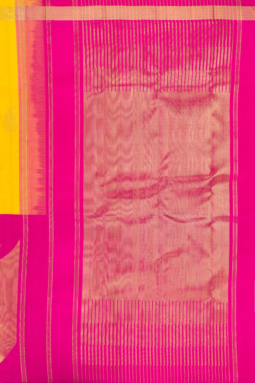 Close up image of the pallu of Pure Silk Pure Zari Yellow Kanjivaram Saree with Half And Half on the body and Zari Border. 