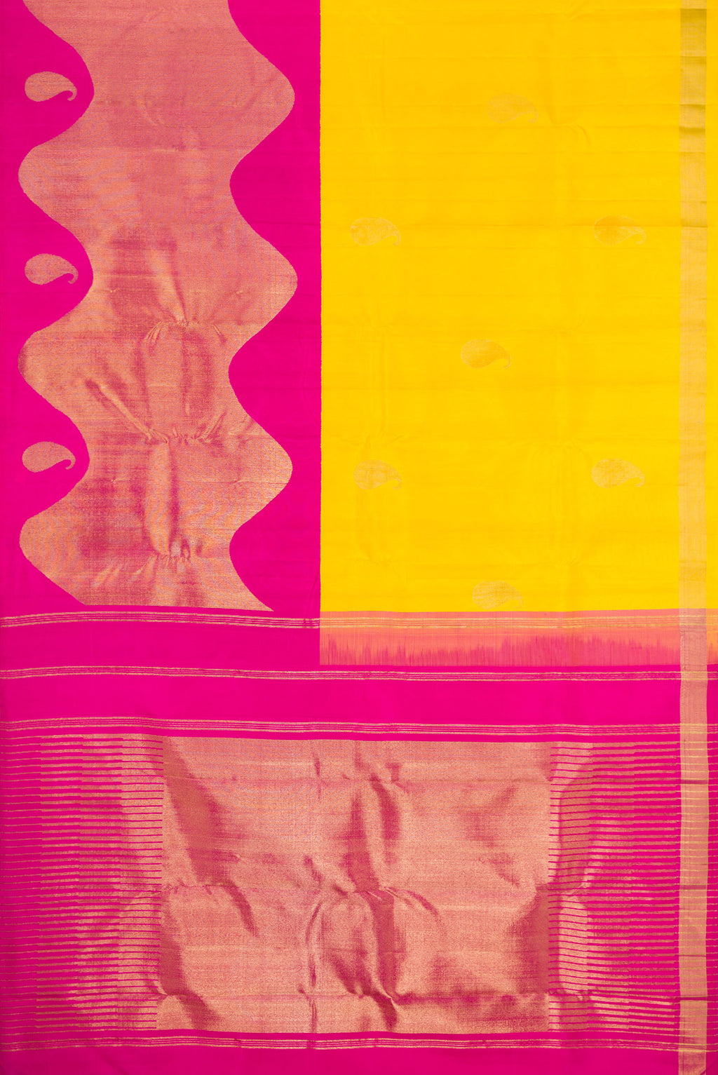 Flat view of Pure Silk Pure Zari Yellow Kanjivaram Saree with Half And Half on the body and Zari Border. 