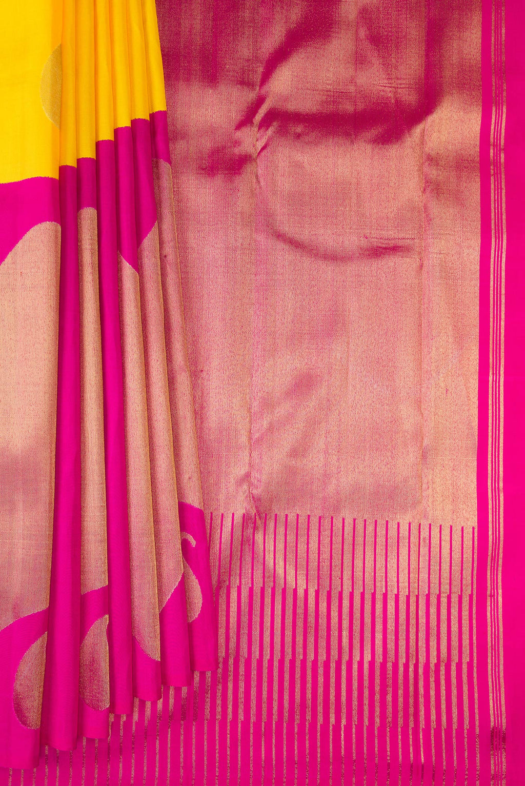 Pleats and pallu of Pure Silk Pure Zari Yellow Kanjivaram Saree with Half And Half on the body and Zari Border. 